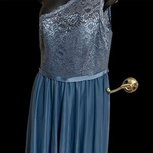 NWT David’s Bridal (Blue Steel) one shoulder lace dress.